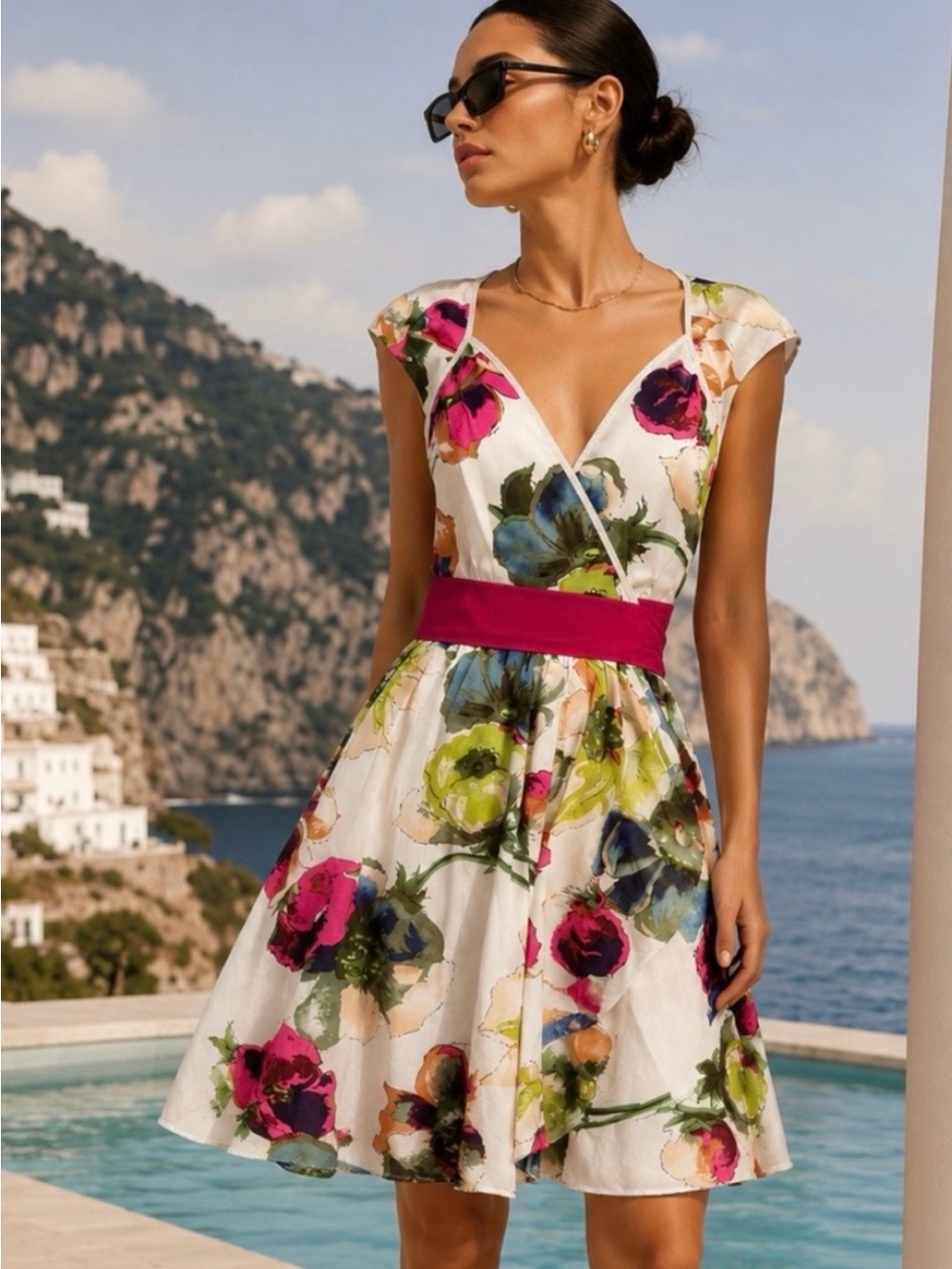 Ted Baker White Midi Dress with Multicolor Floral Print and Magenta Waist